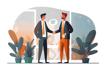 Two people shaking hands in office. Partnership, equality and agreement concept. Vector illustration.