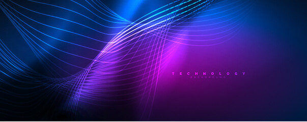 Techno neon wave lines, dynamic electric motion, speed concept. Templates for wallpaper, banner, background, landing page, wall art, invitation, prints