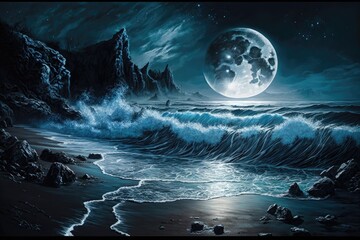  A moonlight beach, with waves crashing in shades of blue and silver. Digital art painting, Fantasy art, Wallpaper