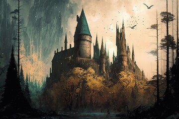 A panoramic view of the castle and its surrounding Forbidden Forest. Digital art painting, Fantasy art, Wallpaper. Generative ai.