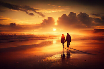 Fototapeta na wymiar Couple Holding Hands and Walking on a Deserted Beach at Sunset