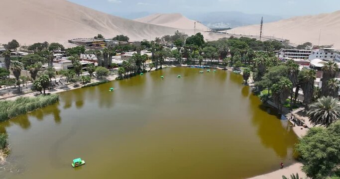 Desert oasis Huacachina, Peru with lake and palms, with great sand dunes in the background. Lost in the wilderness, hidden natural gem for holiday adventure. Aerial above view drone high resolution 4k