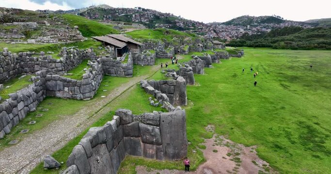 Sacsayhuaman or Saqsaywaman is one of the Inca's ruins constructions as Machu Picchu. Cusco, Peru. Aerial above view drone high resolution 4k