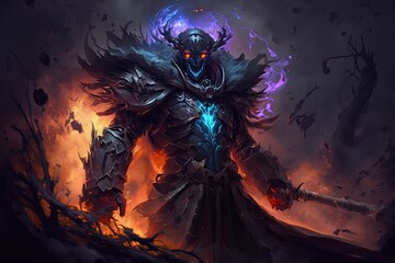 Fototapeta na wymiar A powerful lord of death, who can heal allies and damage enemies with his abilities, and can reduce the damage of enemy attacks with his Aphotic Shield. Digital art painting, Fantasy art, Wallpaper