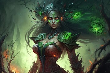 A powerful nature hero, who can increase the health and damage of her creatures and damage and control enemy units with her abilities. Digital art painting, Fantasy art, Wallpaper. Generative ai.