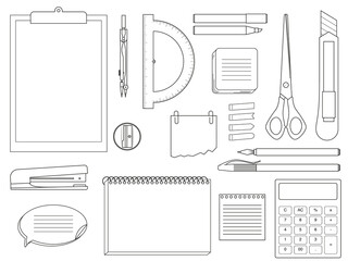 Collection of stationery - stickers, notebooks, tools. Illustration on transparent background - obrazy, fototapety, plakaty