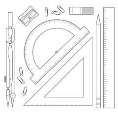 A set of items for measurements - protractor, compasses, ruler. Collection of stationery....