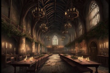 The Great Hall, complete with its floating candles, enchanted ceiling, and house tables..Digital art painting, Fantasy art, Wallpaper. Generative ai.