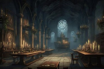 The Great Hall, complete with its floating candles, enchanted ceiling, and house tables.. Digital art painting, Fantasy art, Wallpaper. Generative ai.