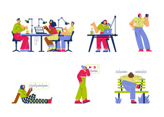 Fototapeta premium People hosting and listening to online podcast flat vector illustration isolated.