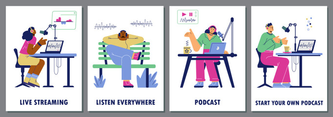People recording and listening podcast, posters set - flat vector illustration.