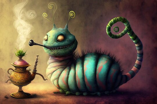 The Caterpillar smoking a hookah, offering sage advice to Alice. Wonderland universe style painting. Digital art painting, Fantasy art, Wallpaper