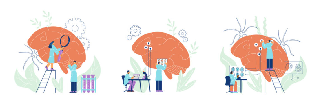 Brain research laboratory and neurological center banners flat vector isolated.