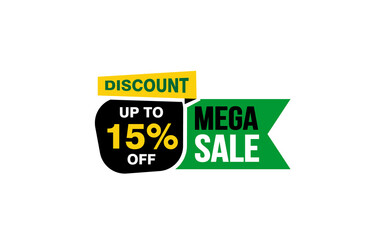 15 Percent MEGA SALE offer, clearance, promotion banner layout with sticker style. 
