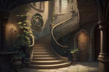 The magnificent stone staircase that leads up to the wizarding school's many hidden passages and rooms..Digital art painting, Fantasy art, Wallpaper. Generative ai.