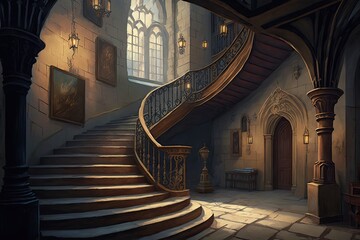 The magnificent stone staircase that leads up to the wizarding school's many hidden passages and rooms. Digital art painting, Fantasy art, Wallpaper. Generative ai.