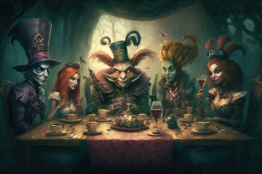 The Mad Hatter's tea party, with the quirky characters enjoying a chaotic meal. Wonderland universe style painting. Digital art painting, Fantasy art, Wallpaper.. Generative ai.	