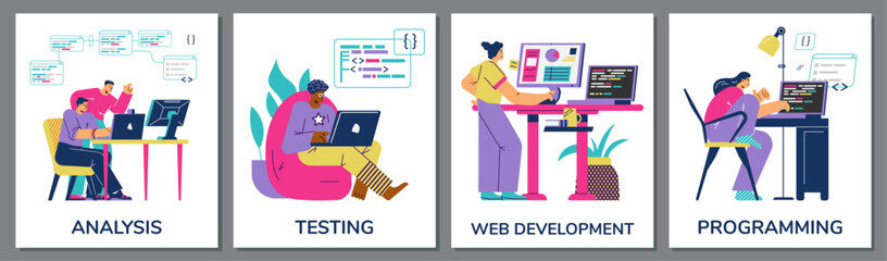 Web development and programming banners or cards set flat vector illustration.