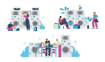 People in self service laundry, set of drawings - flat vector illustration isolated on white background.