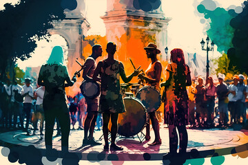Fototapeta na wymiar Show a group of people dancing in a public square or park, with instruments in the background, symbolizing the power of artistic expression to communicate strength and resistance , multicolored 