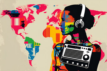 Empowering image of a Black woman listening to the radio with a world map in the background, celebrating diversity and the power of global communication. Ideal for World Radio Day and multiculturalism