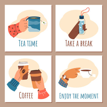 Set of posters with cups and mugs in hands, flat vector illustration.