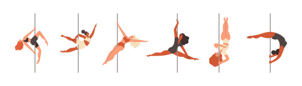 Pole dancers exercising on pylon, flat vector illustration isolated on white background.