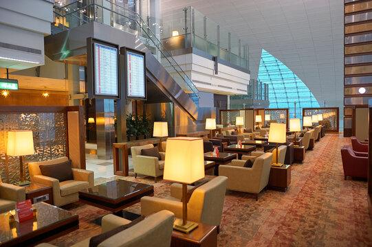 DUBAI, UAE - CIRCA JUNE, 2015: interior shot of Emirates Business Class Lounge in Dubai International Airport.
