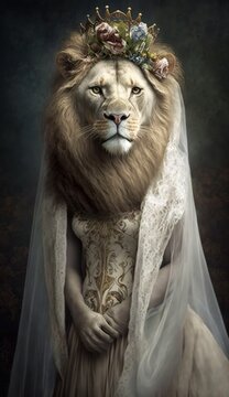 Photo Shoot of a Beautiful, Cute and Adorable Humanoid Lion in Stunning Wedding Dress: A Unique Bride Animal in Designer Bridal Gown with Timeless and Elegant Style like Women (generative AI)