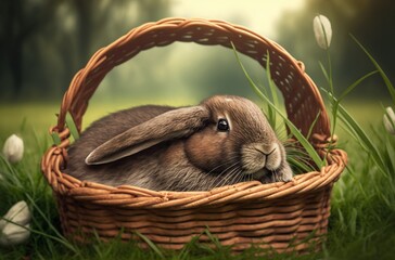 Illustration of a fuzzy bunny in a woven basket. AI generated art. 