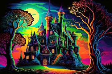 A beautiful rainbow castle during Halloween. AI generated art. 