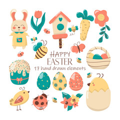 Set of vector illustrations for Easter holiday. Consisting of 17 single clipart. In hand-drawn stile.