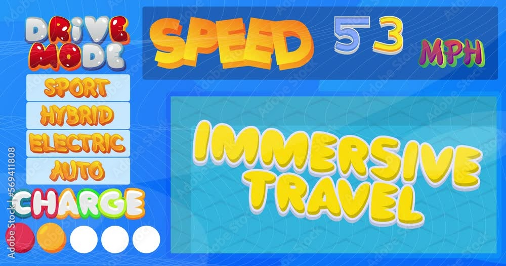 Poster cartoon car dashboard with immersive travel text. digital graphical user interface animation.