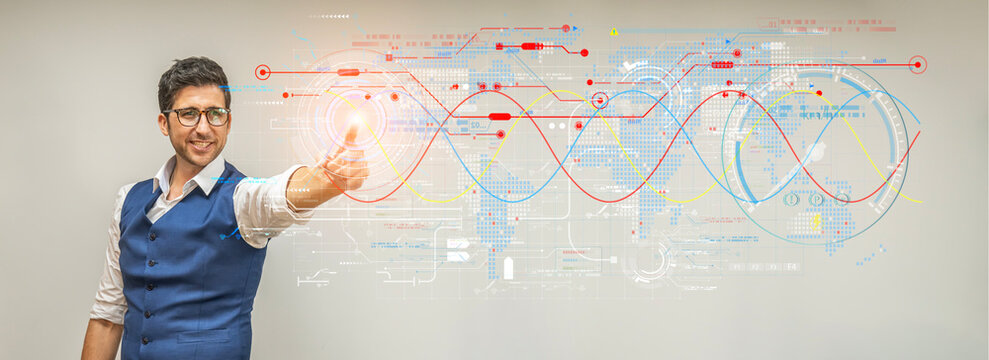 Businessman pointing network hologram technology and document management system, Image panorama for cover design.