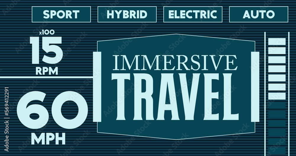 Poster futuristic car dashboard with immersive travel text. digital graphical user interface animation.