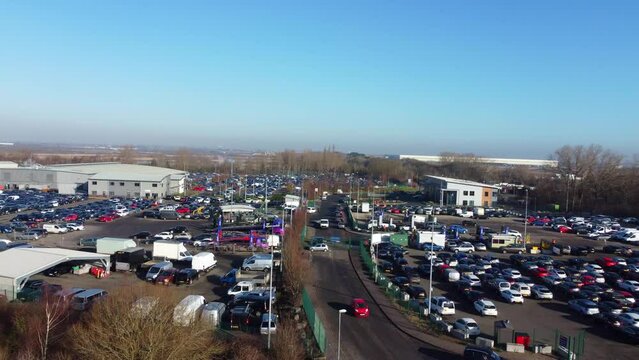 Aerial Footage of Huge Car Parking at Kempston Bedford Town of England UK. The Footage Was Captured on 06-Feb-2023 with Drone's Camera	
