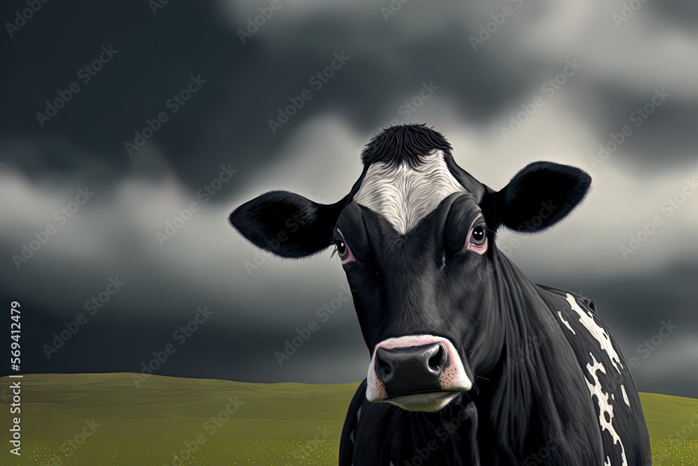 Poster photograph taken with a shallow depth of field, focusing on a black cow grazing on grass in a foggy 