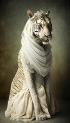 Photo Shoot of a Beautiful, Cute and Adorable Humanoid Tiger in Stunning Wedding Dress: A Unique Bride Animal in Designer Bridal Gown with Timeless and Elegant Style like Women (generative AI)