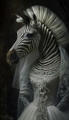 Photo Shoot of a Beautiful, Cute and Adorable Humanoid Zebra in Stunning Wedding Dress: A Unique Bride Animal in Designer Bridal Gown with Timeless and Elegant Style like Women (generative AI)