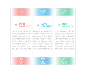 Business infographics. 3 stages of achieving the goal. Stages of the workflow, development, marketing, plan or training. Business strategy with icon icons. Report or statistics schema.