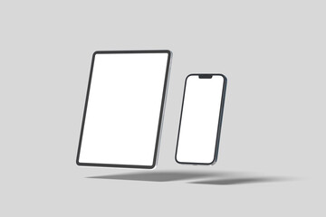 Blank Digital Device Mockup floating side angle : portrait Tablet and Smartphone 