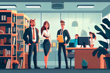 Working team of professionals stand in the interior of the office. 3d illustration. Cartoon characters