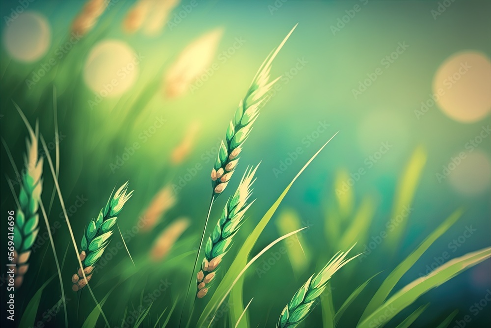 Poster cropped image of green wheat blowing in the breeze generative ai