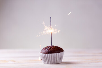 Delicious chocolate cupcakes on gray background