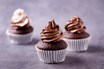 Delicious chocolate cupcakes on gray background
