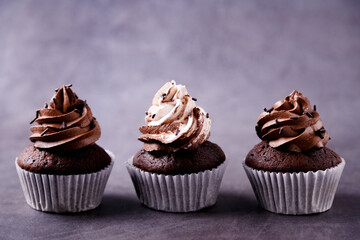Delicious chocolate cupcakes on gray background