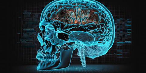 High-tech MRI scan of head brain with hologram numbers and overlay, showcasing cutting-edge medical technology