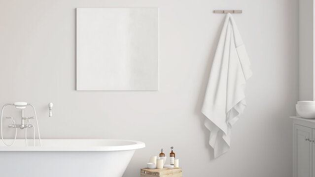 Empty room interior background natural light,Interior of modern and minimalist style bathroom with a mock up poster Empty canvas frame