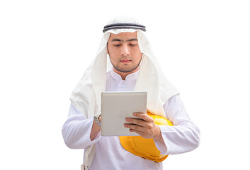 Arab man Construction civil engineer at building construction site, Young Saudi skilled...