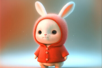 Fototapeta na wymiar fluffy cartoon white rabbit, 3d, ultra realistic, super cute adorable easter baby bunny, furry small animal, big eyes and soft , anthropomorphic wearing red hat, Christmas, year of the rabbit,